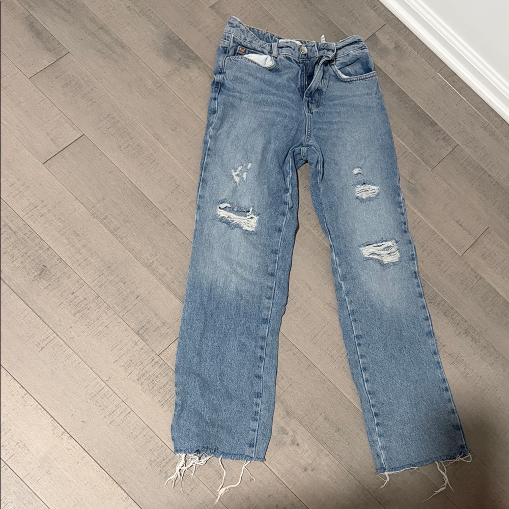 Zara Distressed Straight-Leg Jeans - Light Blue Denim
